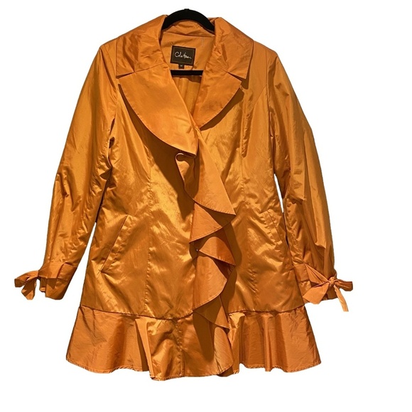NWOT COLE HAAN Tangerine Orange Ruffle Flirty Trench Rain Coat Retro Designer M - Picture 1 of 16